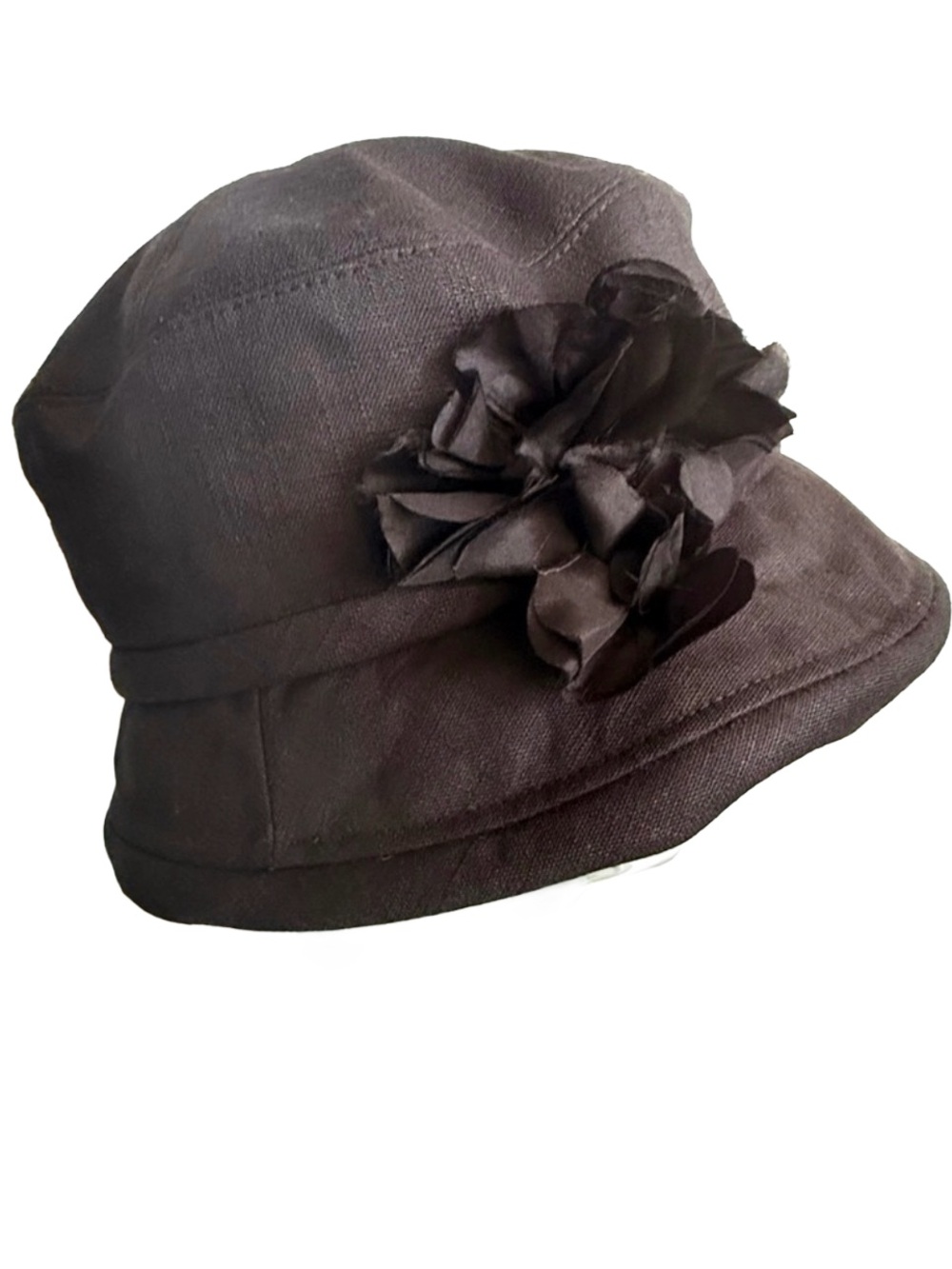 Toucan Collection Black Linen‎ Cloche Hat Flower Trim Bucket Gatsby Cottagecore